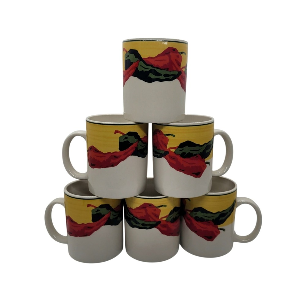 Santa Fe Art Chili Pepper Coffee Mugs Set of 6 Southwestern Ceramic Yellow White